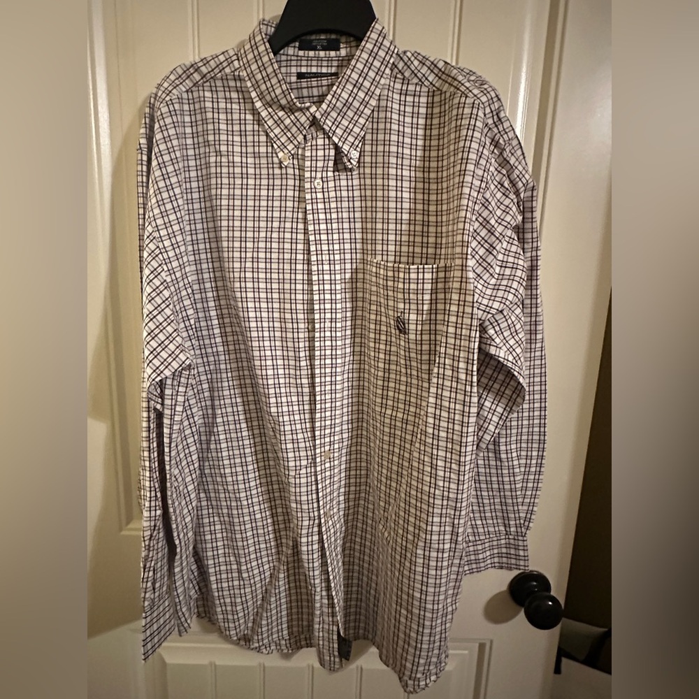 Nautica White and Navy Plaid Button-Down Shirt long sleeve